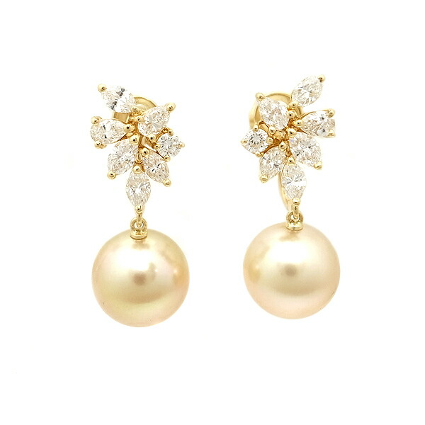 【緑屋質屋】ミキモト ゴールデンパール・ダイヤ イヤリング 11.1mm 11.3mm 0.83ct 0.81ct K18YG 【中古】｜質　緑屋