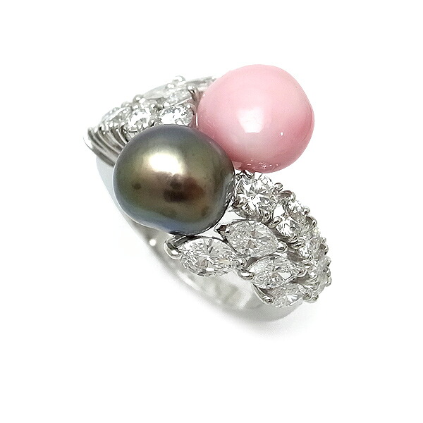 【緑屋質屋】ミキモト コンクパール・ブラックパール・ダイヤ リング 1.90ct Pt950【中古】