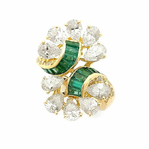 【緑屋質屋】クィーン(The Queen) ダイヤ・エメラルド リング D2.85ct E1.08ct K18YG【中古】