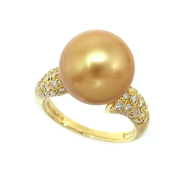 【緑屋質屋】ミキモト ゴールデンパール・ダイヤ リング 11.4mm 0.49ct K18YG【中古】