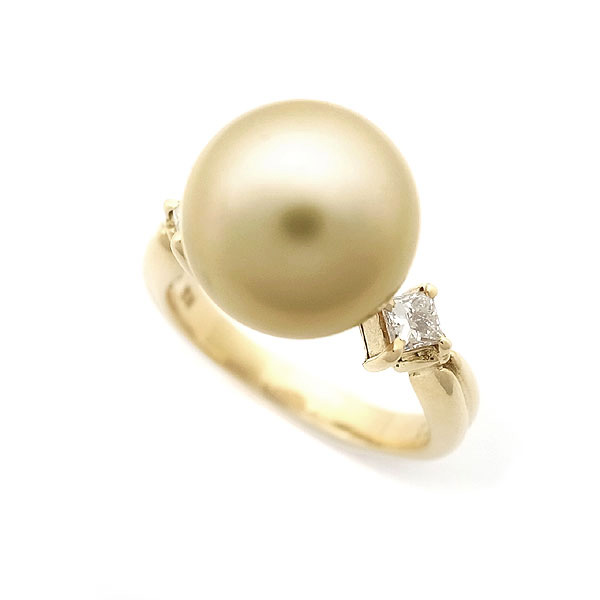 【緑屋質屋】特選ジュエリー 南洋パール リング ゴールデンパール 11.1mm ダイヤ入り K18YG【中古】
