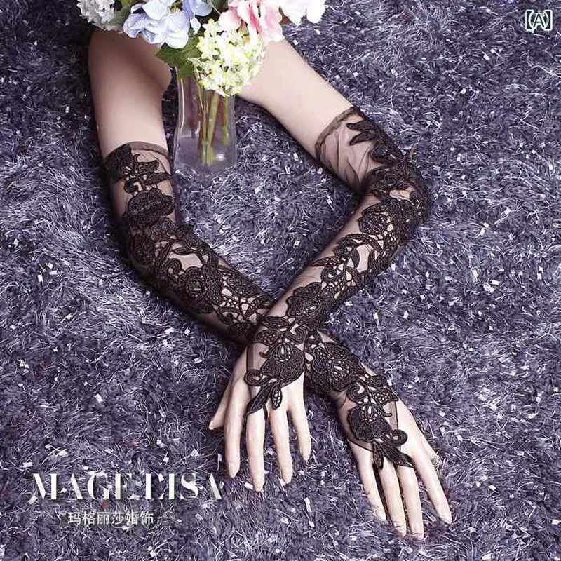 【送料無料】グローブ ロング 手袋 ウエディング 結婚式 ブライダル 花嫁 アクセサリー 透け感 薄手 レース 花 ホワイト ピンク ブラック