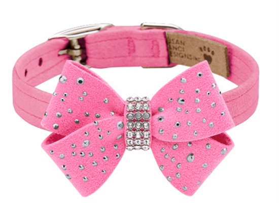 ★Susan Lanci★スーザンランシーSilver Stardust Nouveau Bow Collar_純然たるさくら色犬用スワロフスキ付き添い人首飾り