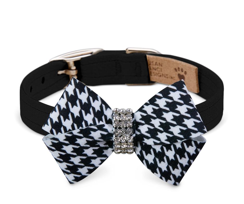 ★Susan Lanci★ スーザンランシー Black & White Houndstooth Nouveau Bow 犬用スワロフスキ付き首輪
