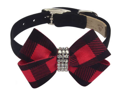 ★Susan Lanci★ スーザンランシー Red Gingham Nouveau Bow Collar 犬用スワロフスキ付き首輪