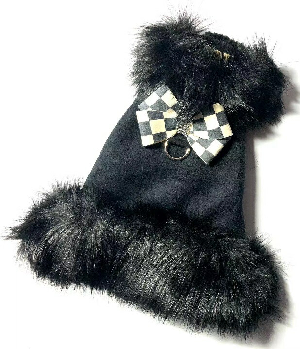 ★Susan Lanci/スーザンランシー★Windsor Check Nouveau Bow Black Fox Fur Coat犬用フェイクファーコート