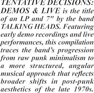 輸入盤 TALKING HEADS / TENTATIVE DECISIONS ： DEMOS ＆ LIVE （LP ＋ 7INCH） [LP＋7inch]