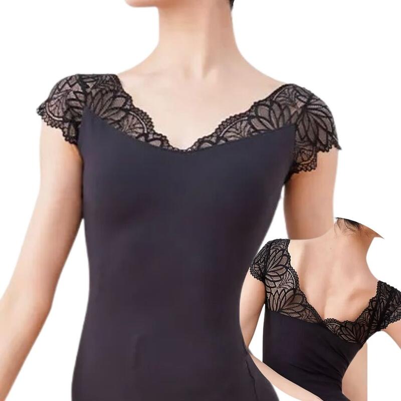 ティアラ tiara 黒レースレオタード Vネック ショートスリーブ 160cm tiara レオタード ティアラ tiara 黒レースレオタード Vネック