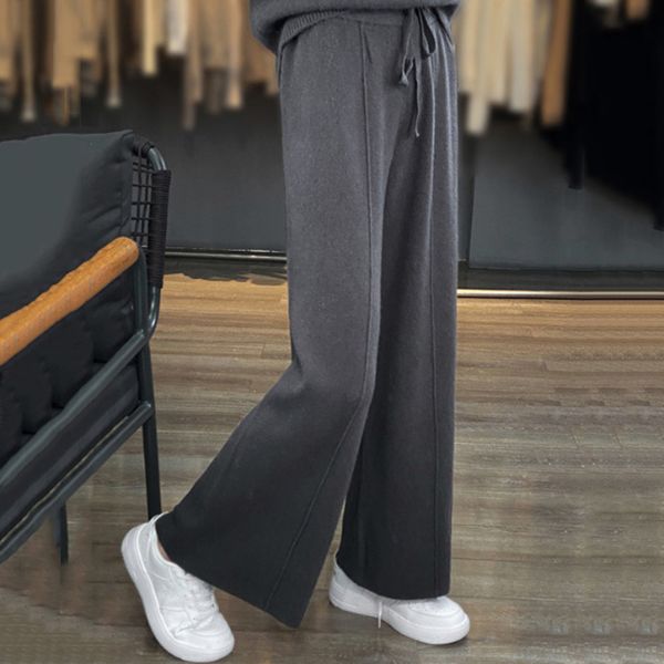 ニットワイドパンツ レディース 美脚 厚手 あったか リラックス 秋冬 ニットパンツ M L ブラック グレー