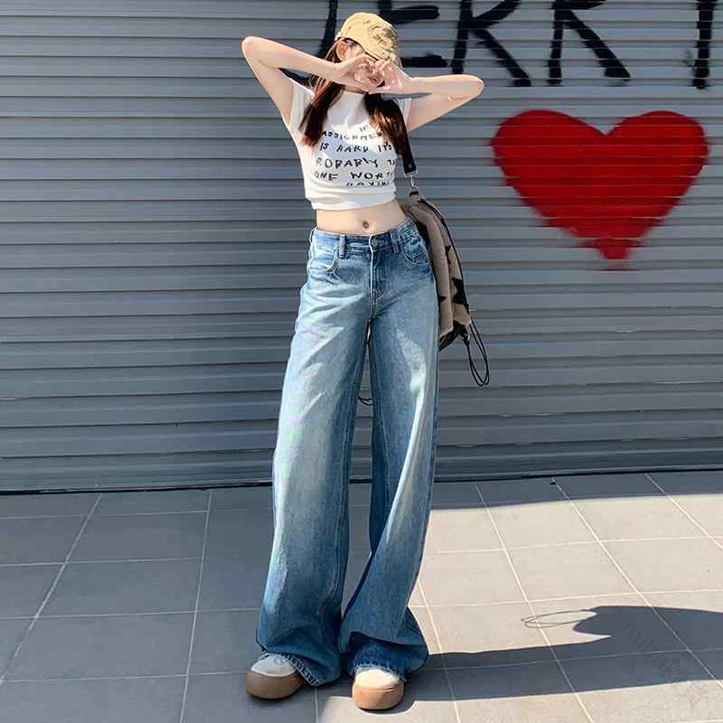 デニム ジーンズ ローライズ ローウエスト スリム ストレート ワイドレッグ フロアレングス パンツ 女性用 春 ゆったり 万能 ドレープ ノスタルジック レトロ ウォッシュ加工