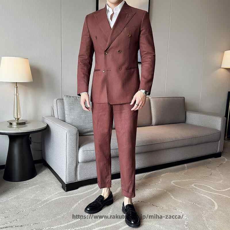 セットアップ メンズ 成人男性用 春夏 ダブル前胸部 リネン 麻混 背広上衣 カジュアルアウター 2点仕掛ける 通気性 薄っぺら 軽さ 形体安定した 長袖 か細い相応う 通い 商行為 執務室