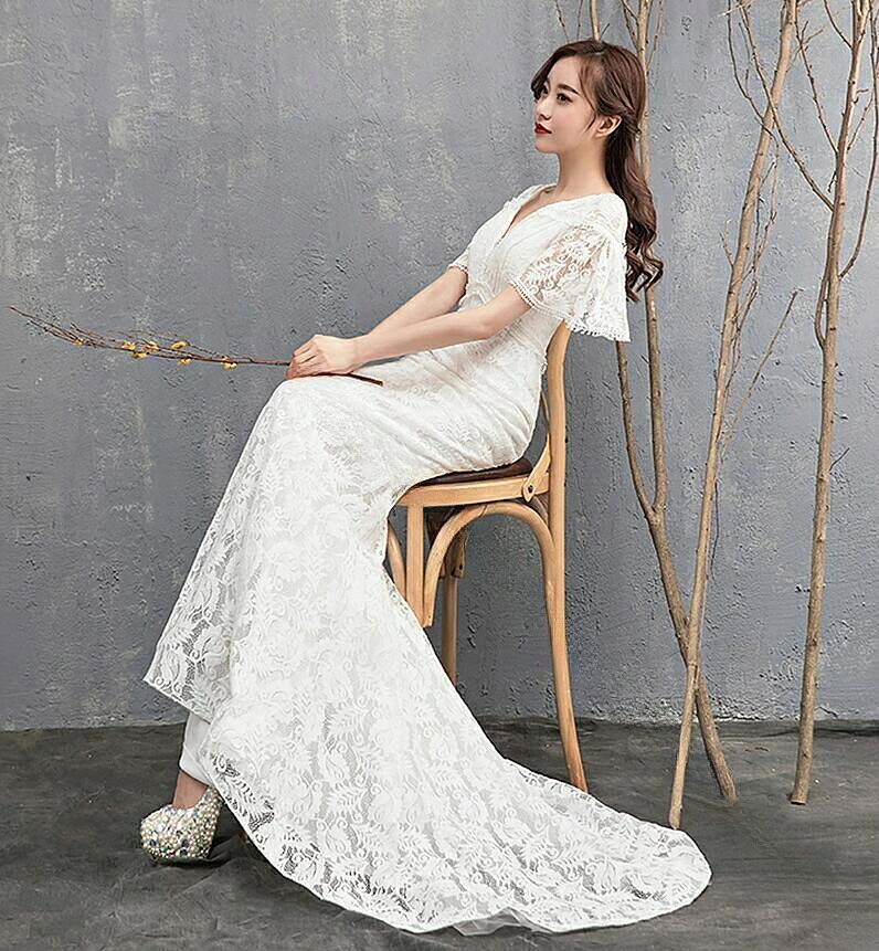 ウエディングドレス マーメイド Wedding Dress ウエディングドレス 袖あり ウエディング ウェディング 結婚式 マーメード マーメイドドレス 花嫁ドレス 二次会ウエディングドレス 二次会ドレス XS−XXLマーメイドライン Vネック トレーンタイプ|miha雑貨