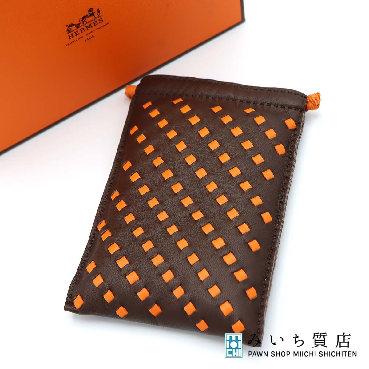 一六銀行 HERMES エルメス ポシェットピロー PM 合切袋 入れもの アニョーミロ 赤銅色×オレンジ色 箱有 H12835 みいち質店
