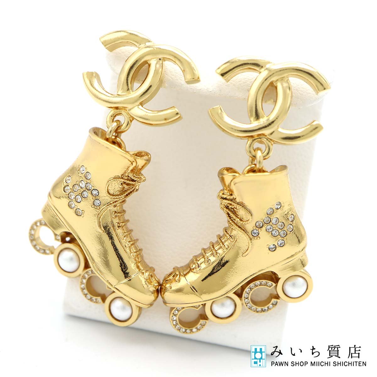 質屋 CHANEL シャネル ローラースケート ピアス F24 COCO ココマーク フェイクパール ラインストーン ゴールドカラー H18042 みいち質店|みいち質店