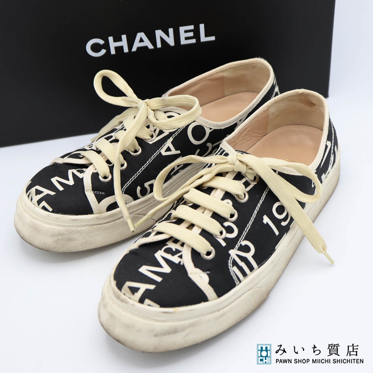 一六銀行 CHANEL シャネル バイシーライン スニーカー 靴 ロゴタイプ 帆布 靴 レディース 箱有 H19645 みいち質店