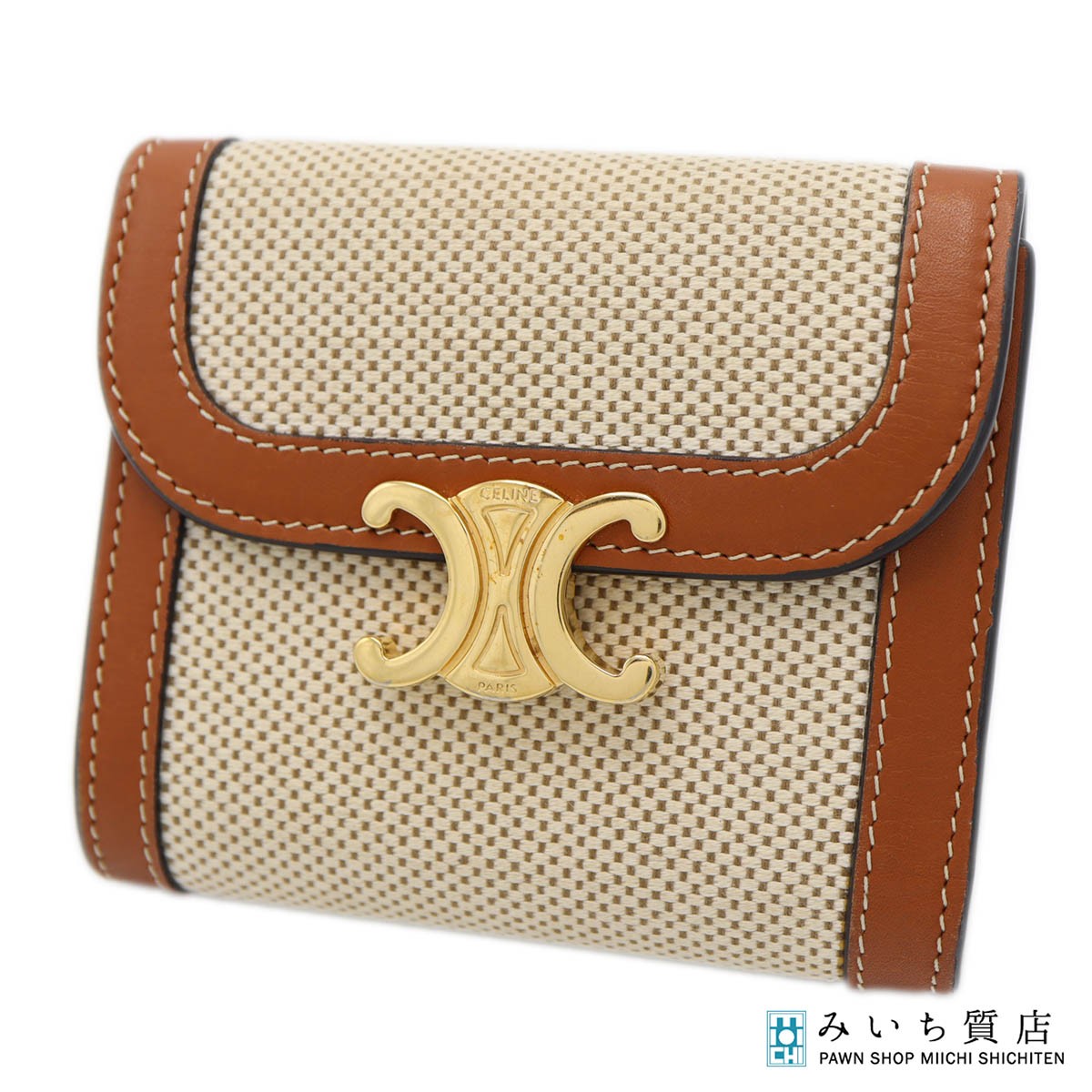一六銀行 CELINE セリーヌ スモールフラップウォレット トリオンフ 布切れ\u0026カーフスキン 紙入れ 二つ折り 赤銅色系 H20986 みいち質店
