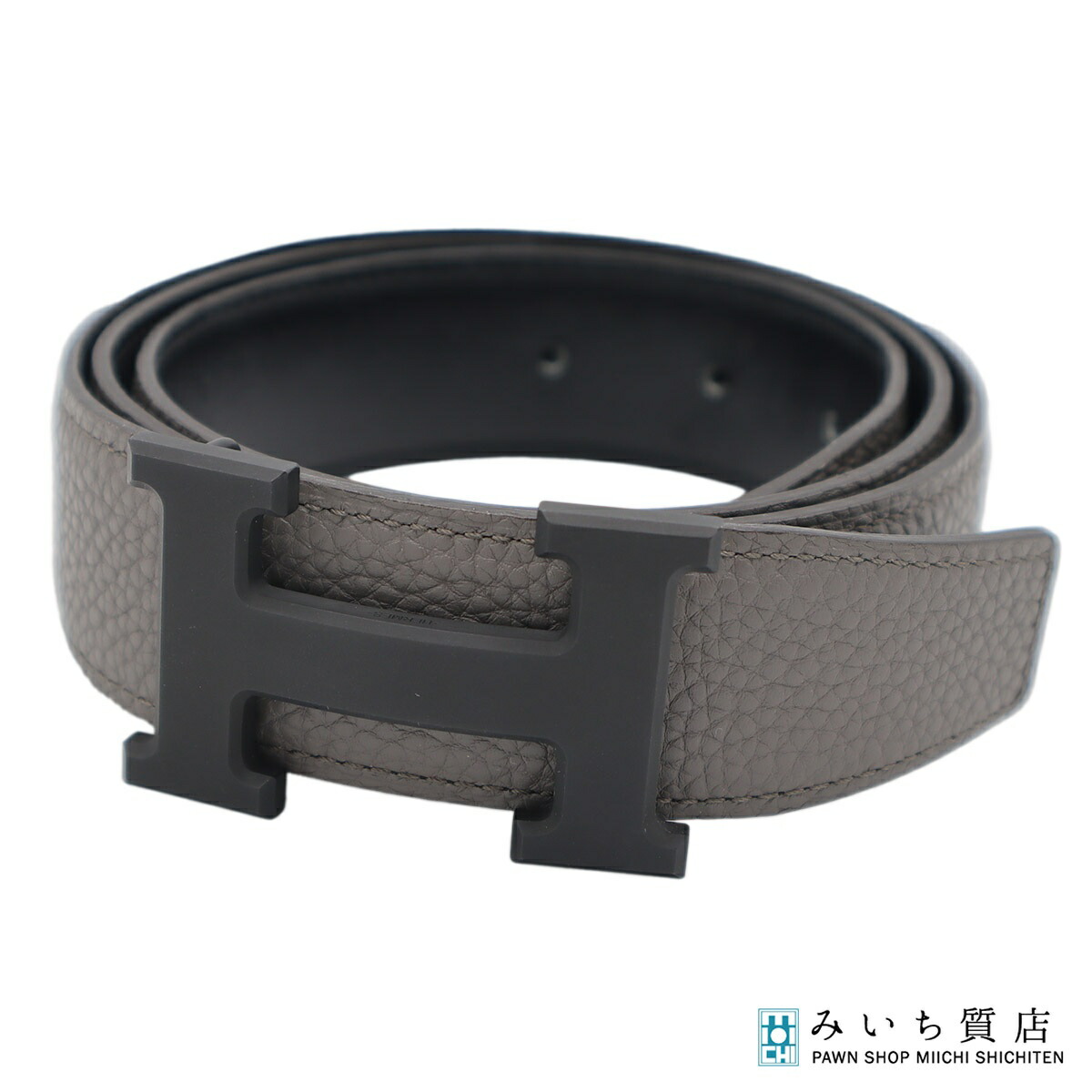 一六銀行 HERMES エルメス H三尺帯 リヴァーシブル 引っ敷き A目じるし 薄墨色×黒いこと 服飾小物 メンズ 24s1033-8 みいち質店