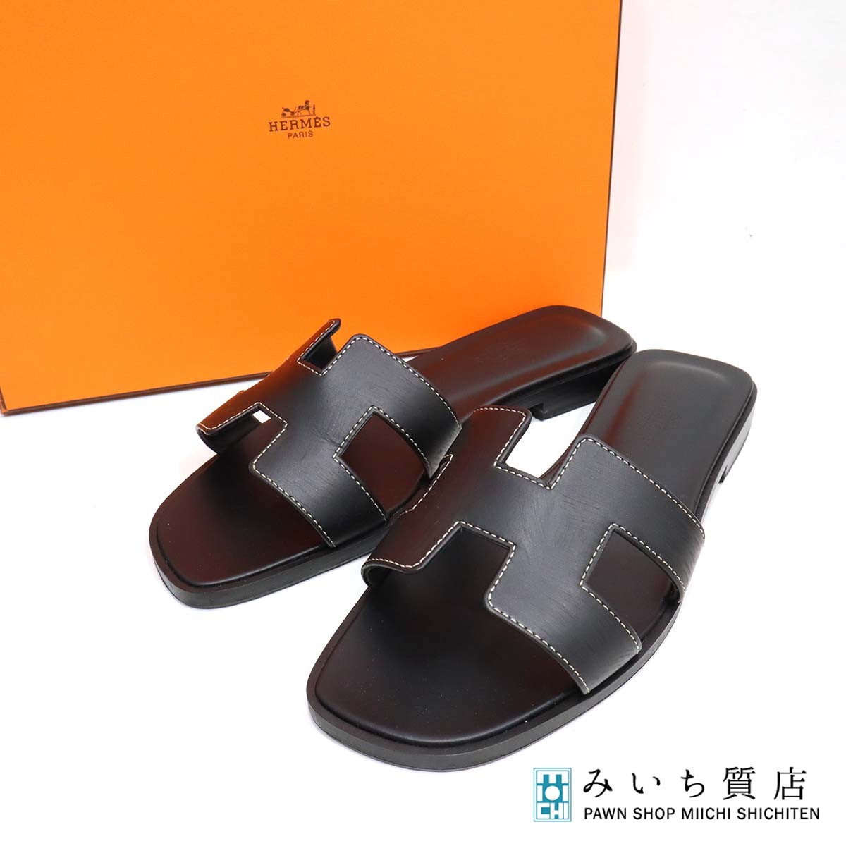 一六銀行 HERMES エルメス サンダル オラン Hロゴタイプ ボックスカーフ 木目細かシューズ 大きさ36 23糎 黒 箱袋 H22940 みいち質店