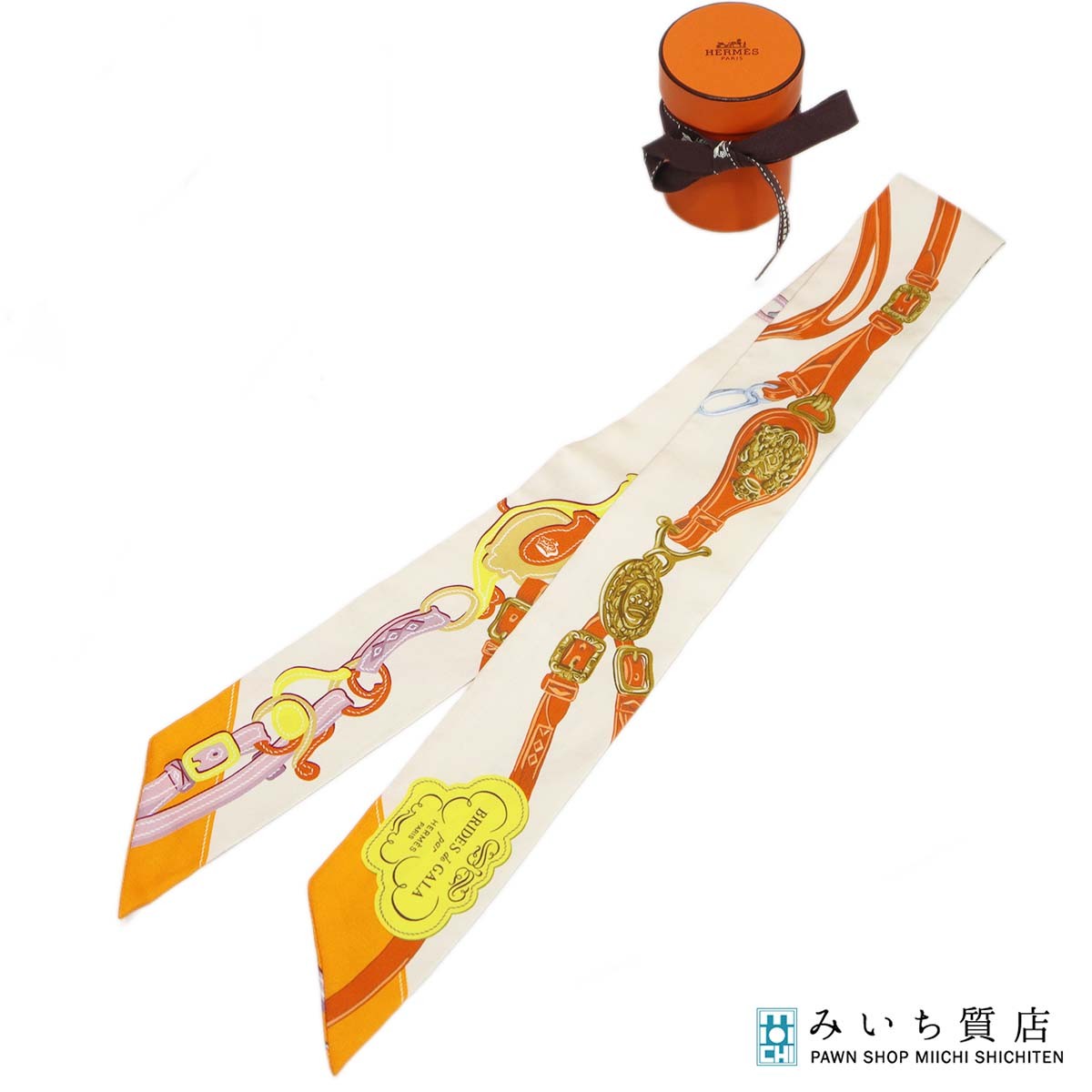 質屋 HERMES エルメス BRIDES de GALA スカーフ シルク100 ベージュ オレンジ系 箱 H23397-1 みいち質店｜みいち質店