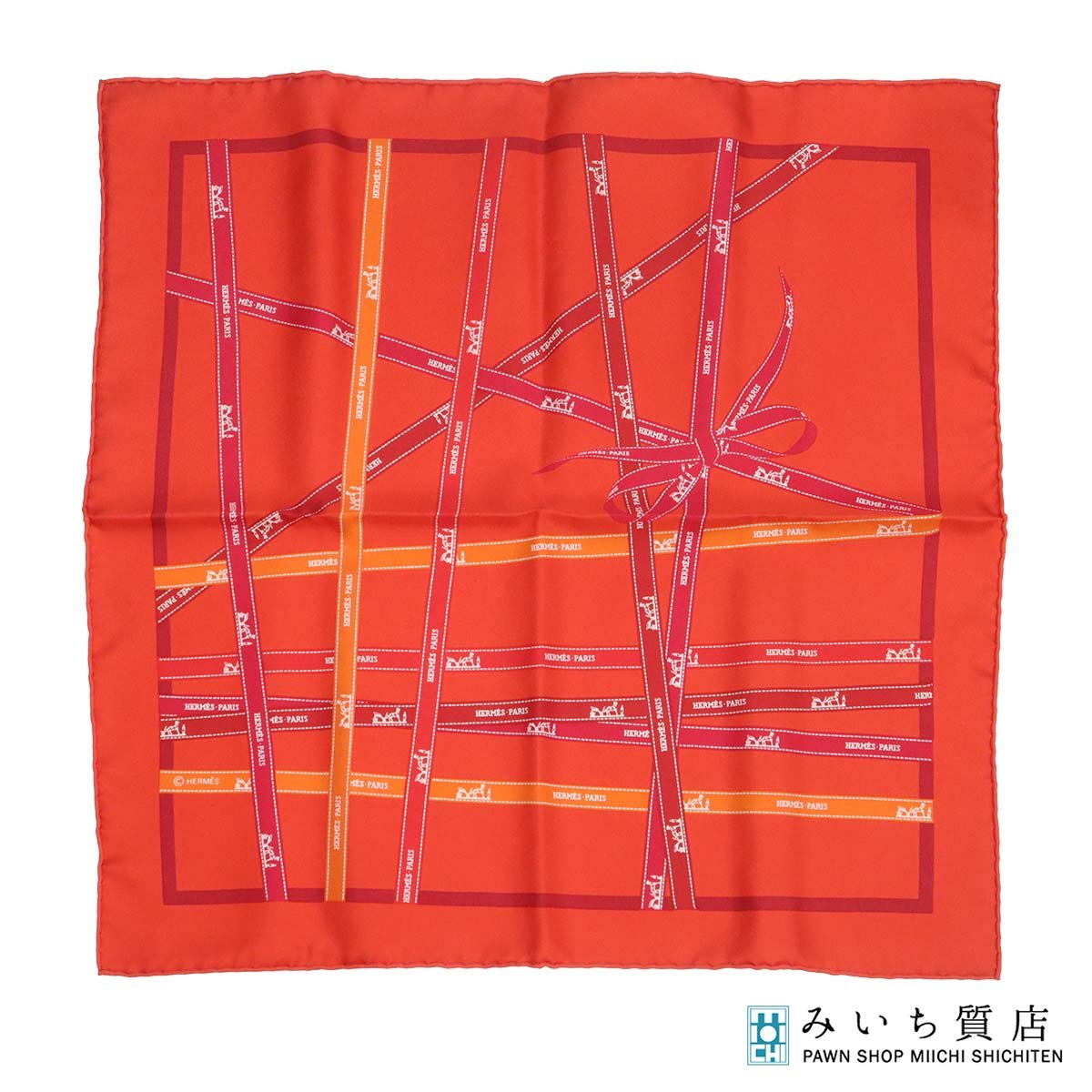質屋 HERMES エルメス カレ40 ガヴロッシュ スカーフ ボリュデュック柄 Bolduc au Carre オレンジ&times;レッド 箱有 H23917 みいち質店｜みいち質店