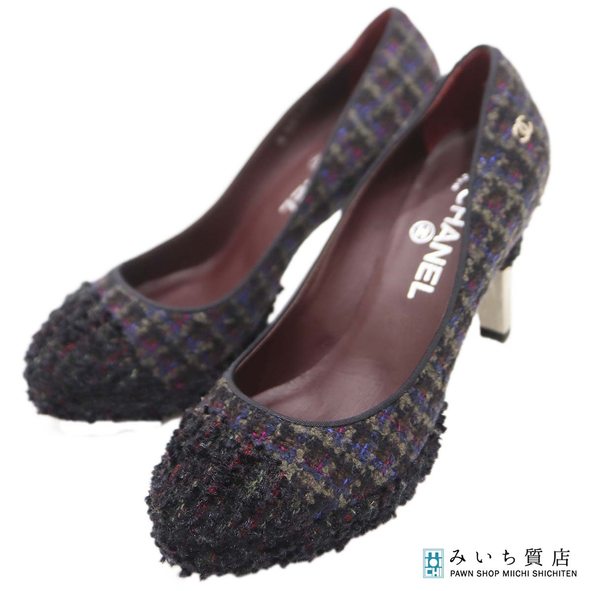 一六銀行 CHANEL シャネル 踵 パンプス A G27495 ツィード 36 1/2 黒いこと マルチ色合い 靴 レディース H24146 みいち質店