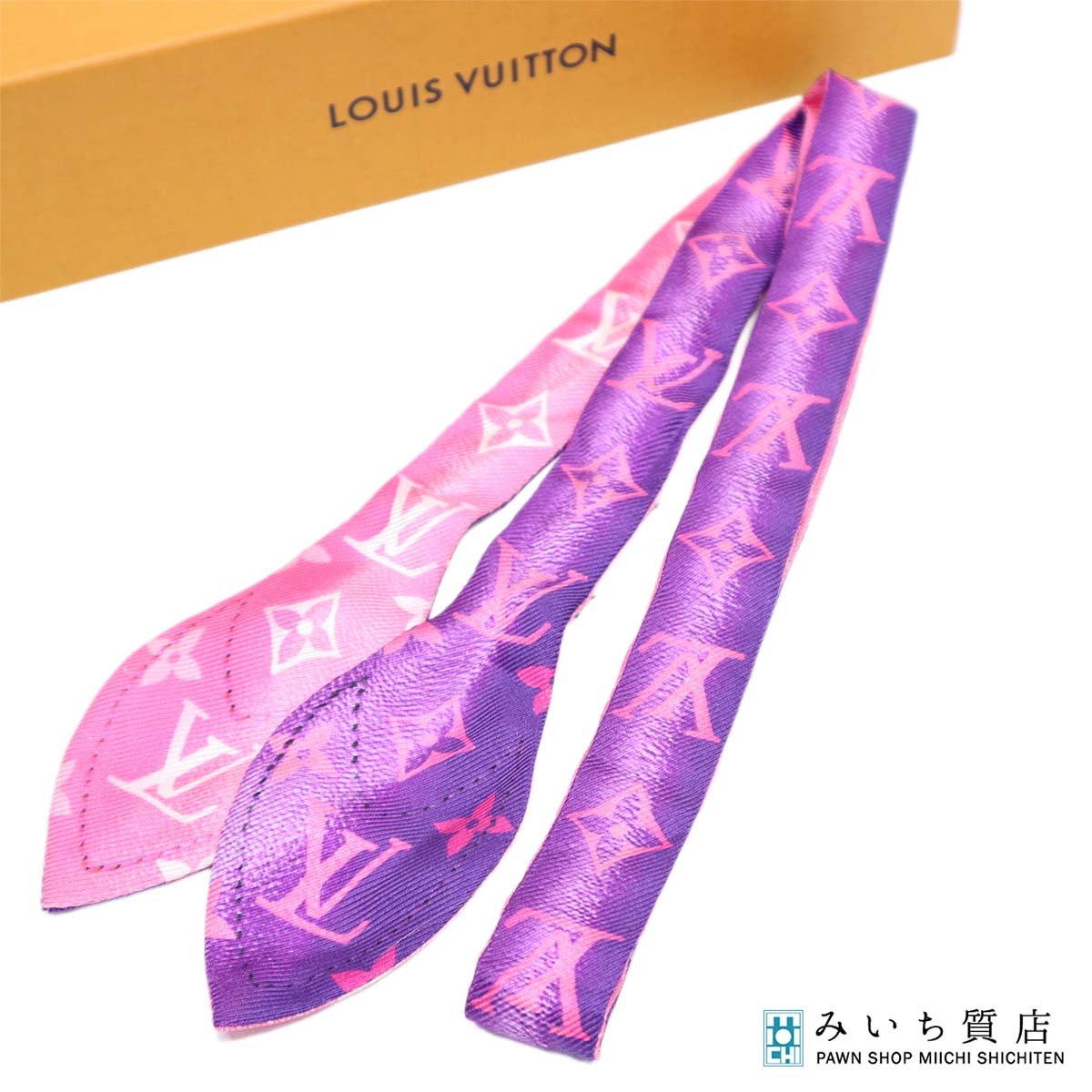 一六銀行 LOUIS VUITTON ルイヴィトン LV バンドー MP3100 CC0261 モノグラム 地絹100 さくら色×パープル 箱 J76 みいち質店