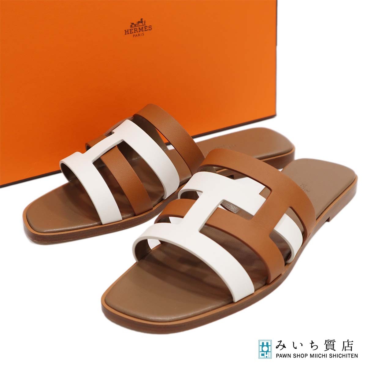 一六銀行 HERMES エルメス アモーレ サンダル 38大いさ 赤銅色×白いこと レディース 靴 箱 26k493-5 みいち質店
