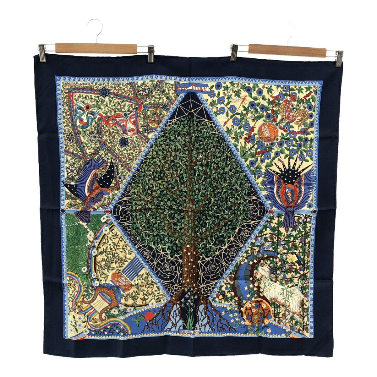 一六銀行 HERMES エルメス カレ90 Axis Mundi 現実の真っただ中軸 えり巻き 絹地100 青色系 箱 H22963 みいち質店
