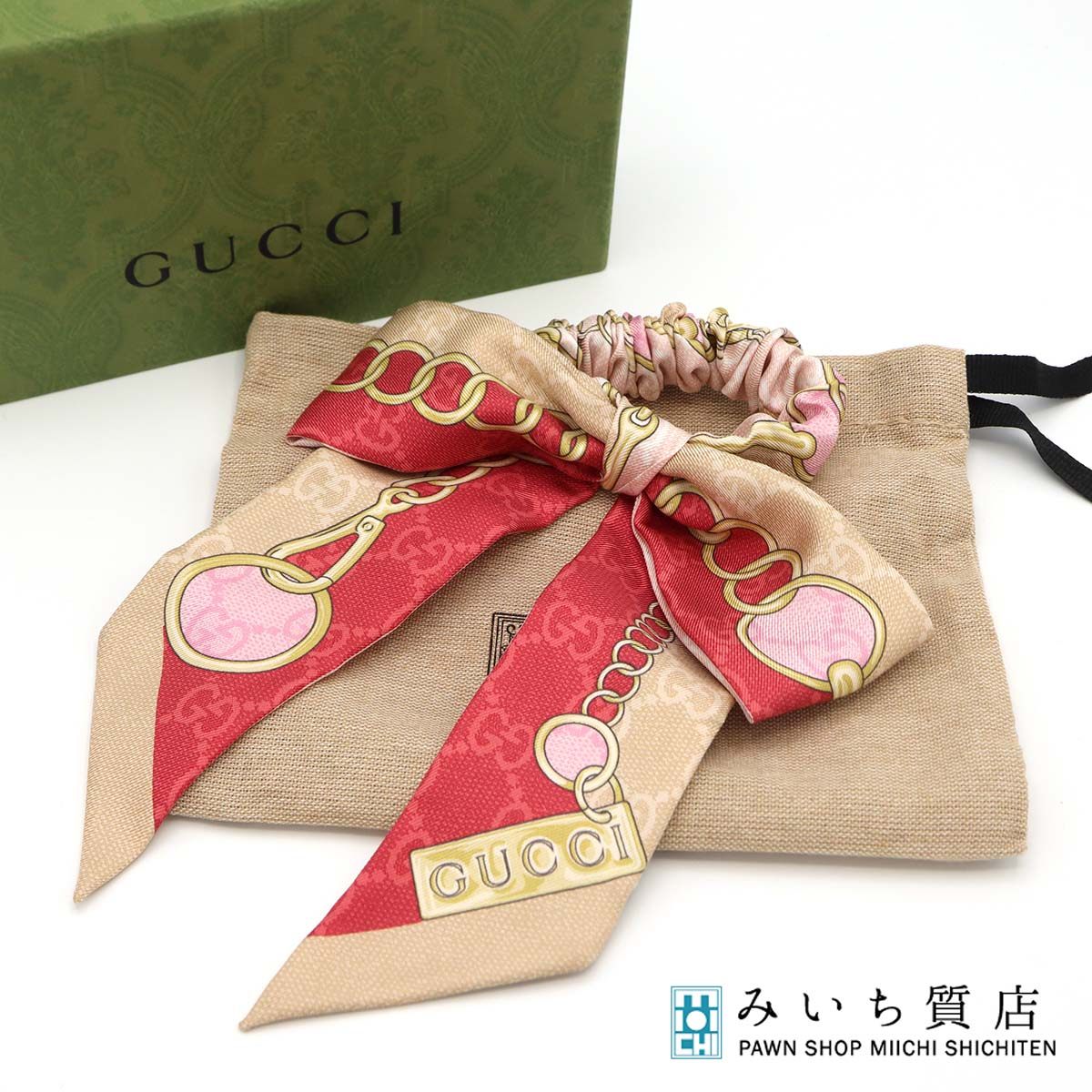 質屋 GUCCI グッチ GG柄 シュシュ リボン シルク ベージュ ピンク ヘアアクセサリー 箱袋あり 26k524-6 みいち質店|みいち質店