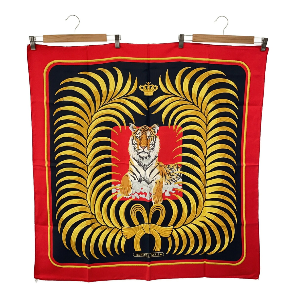 一六銀行 HERMES エルメス カレ90 Tigre Royal はやりっ児の虎 虎 ロイヤル 黒いこと×赤いこと系 絹地100 えり巻き 箱 k1348 みいち質店