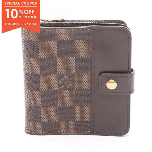 ルイ ヴィトン　コンパクトジップ ダミエ 二つ折り財布 エベヌ ブラウン 茶色 LOUIS VUITTON ルイヴィトン M61668 コンパクト・ジップ ダミエ