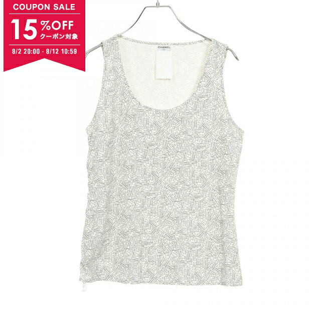 CHANEL リブ タンクトップ 38 ホワイト シャネル KL4BHUPC85 Chanel Tank Top Size 38 FR: Pearl Embellished Logo