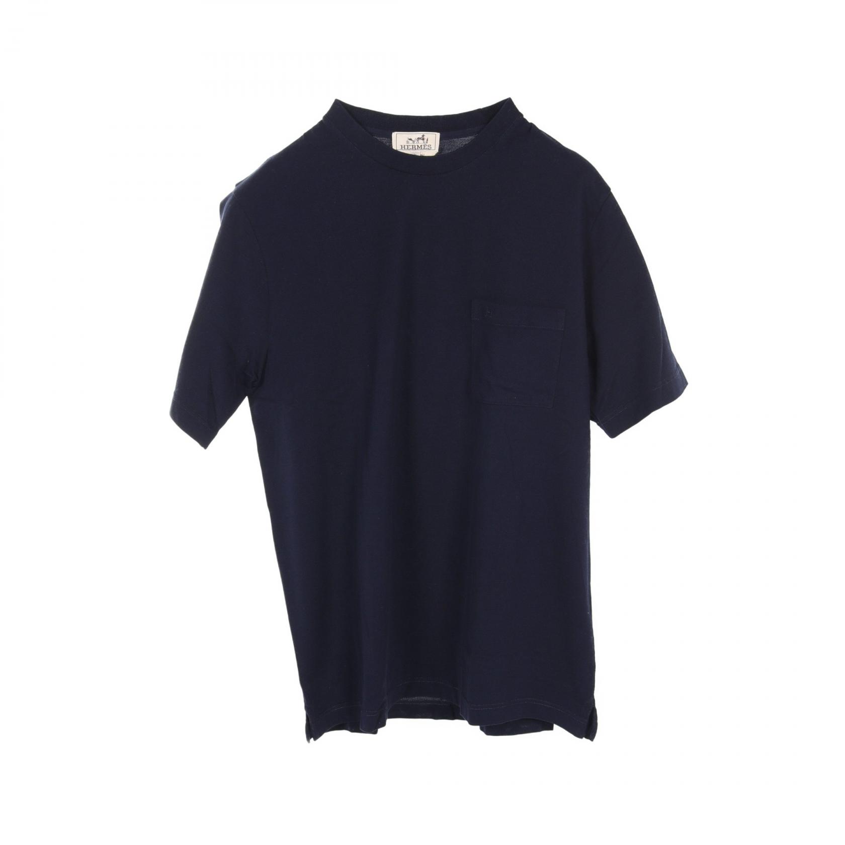 59 HERMES ネイビー Tシャツ Mサイズ 100%コットン イタリア製 HERMES エルメス 国内正規 ネイビー 胸ポケットH刺繍 鹿の子T