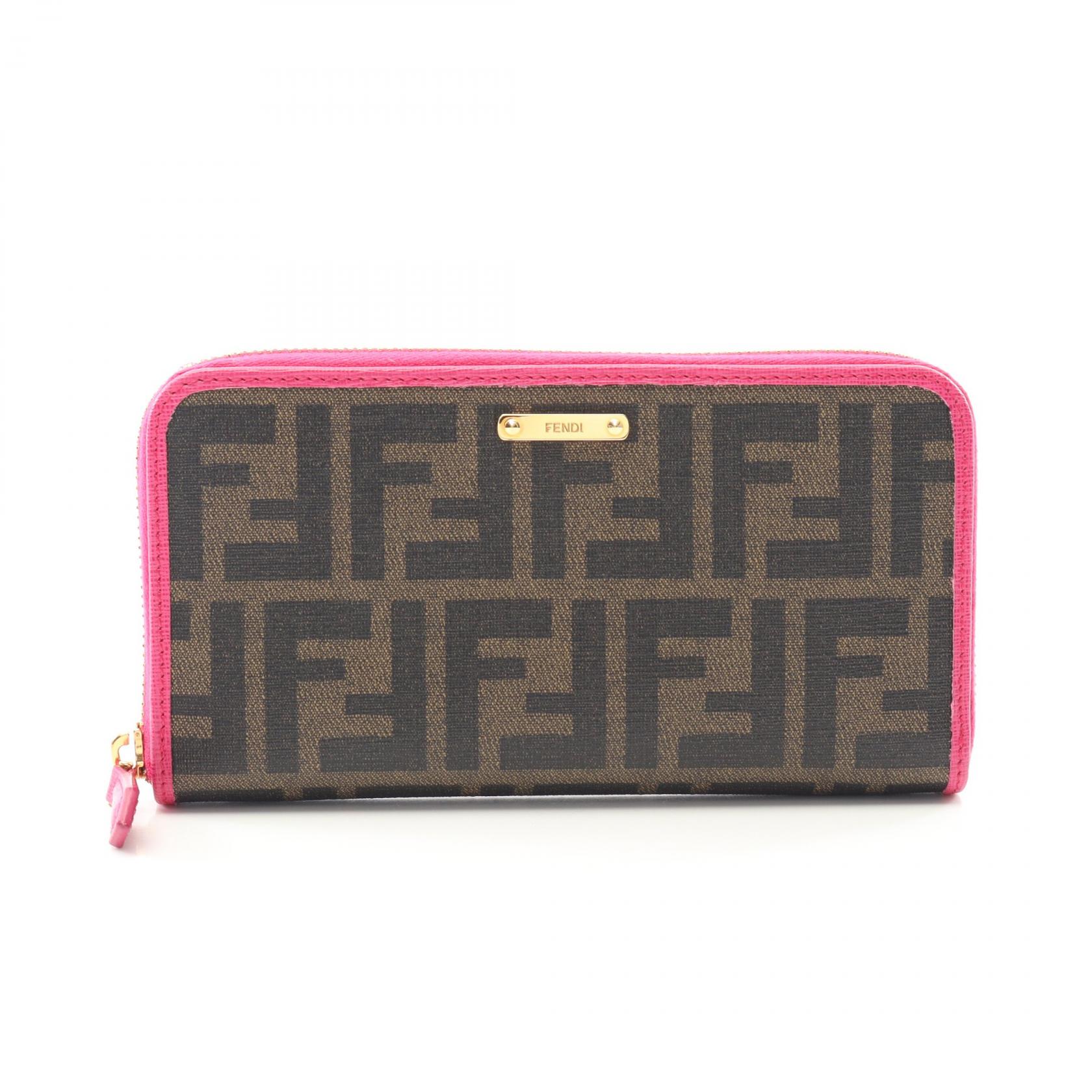 【美品】フェンディ 長財布 二つ折り財布 レザー 小銭入れ ズッカ柄 ピンク FENDI フェンディ 長財布 ズッカ柄 キャンバス×レザー ブラウン