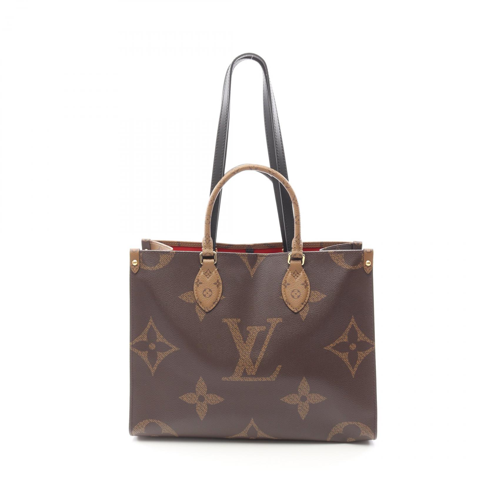 【15%OFFクーポン対象】ルイ・ヴィトン LOUIS VUITTON オンザゴーMM トートバッグ バッグ PVCコーティングキャンバス レザー モノグラム・ジャイアントリバース レディース ブラウン系 / ベージュ系 M45321 【中古】