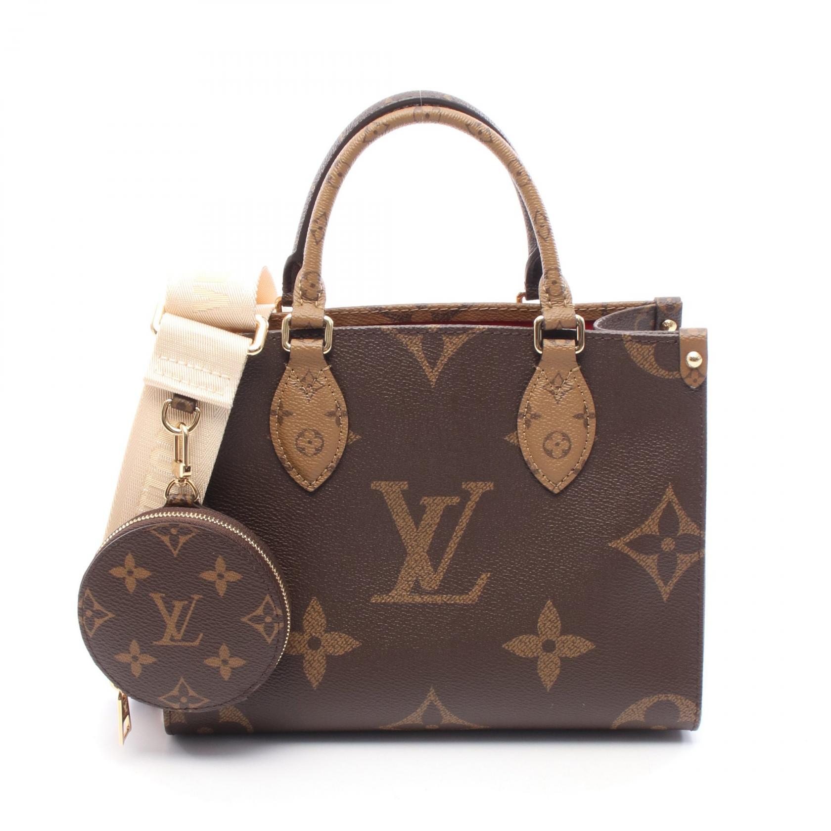 【15%OFFクーポン対象】ルイ・ヴィトン LOUIS VUITTON オンザゴーPM ハンドバッグ バッグ PVCコーティングキャンバス モノグラム・ジャイアントリバース レディース ブラウン系 / ベージュ系 M46373 【中古】