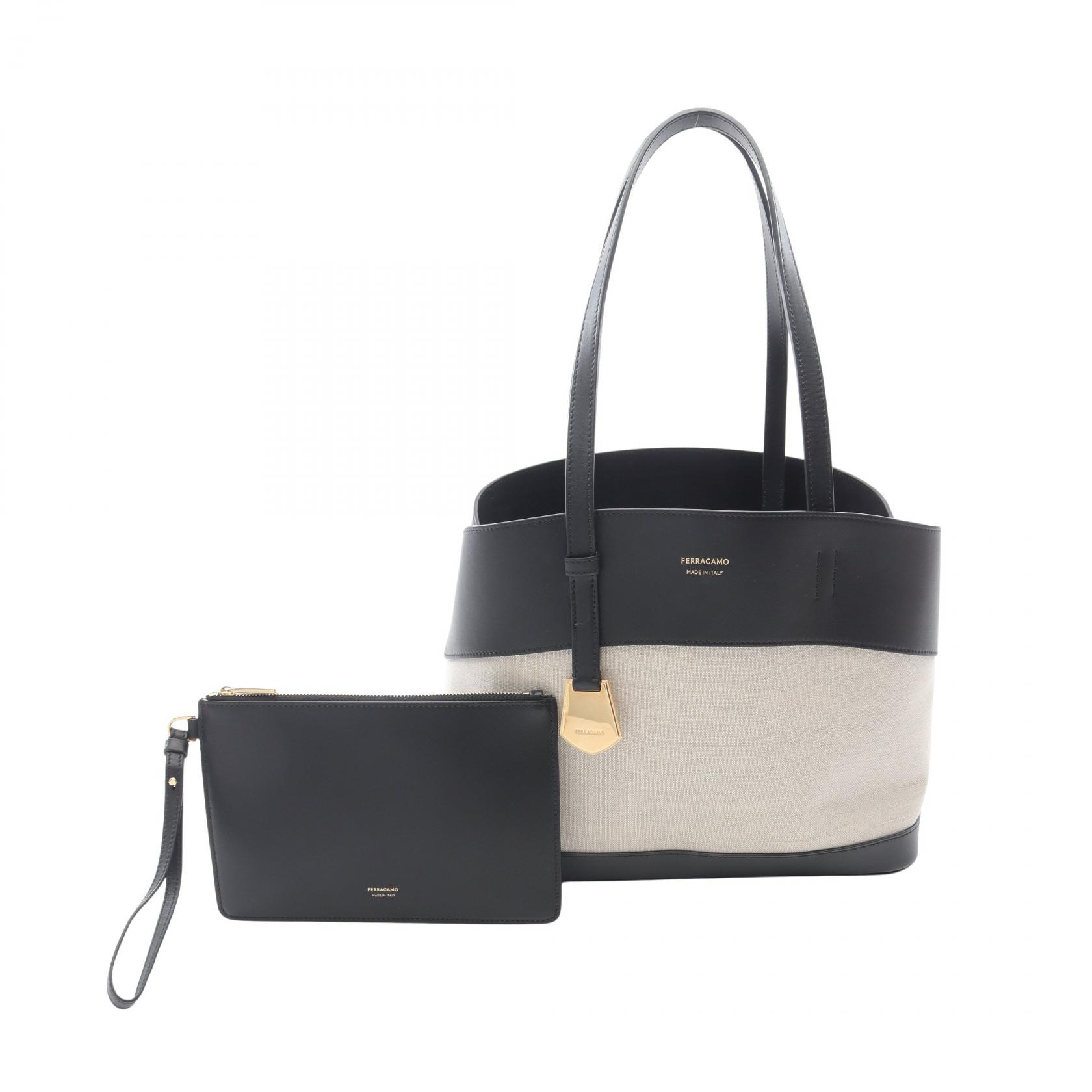 美品 フェラガモ トートバッグ ferragamo FERRAGAMO フェラガモ トートバッグ キャンバス/レザー ブラック