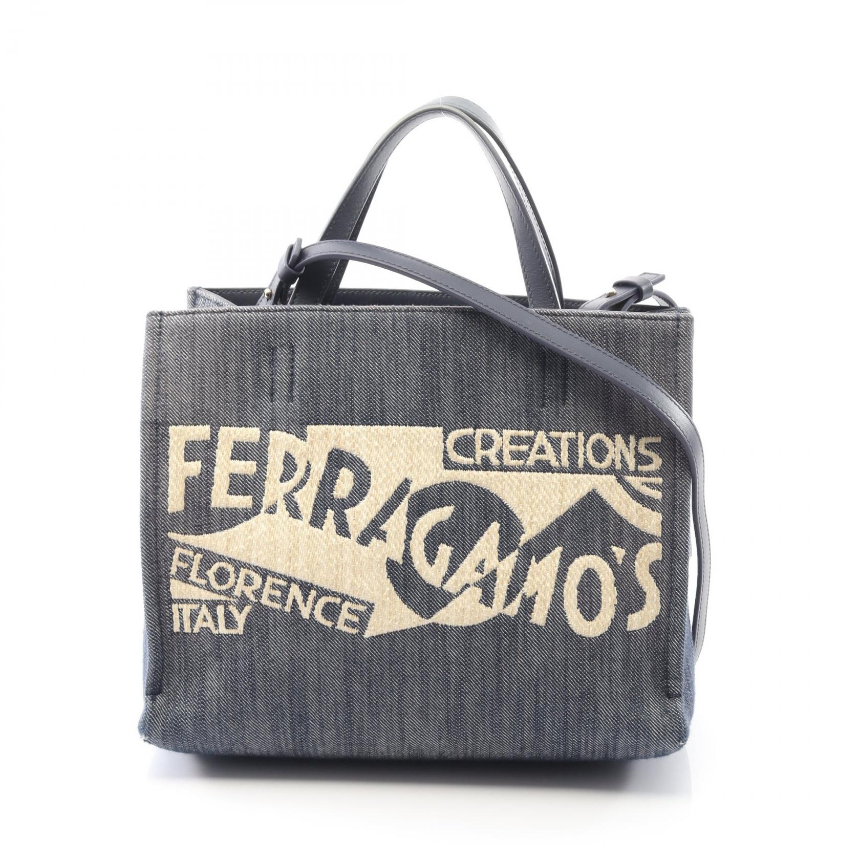 【20%OFFクーポン対象】サルヴァトーレフェラガモ Salvatore Ferragamo ハンドバッグ バッグ デニム レザー レディース ネイビー系 GG-219407 【中古】