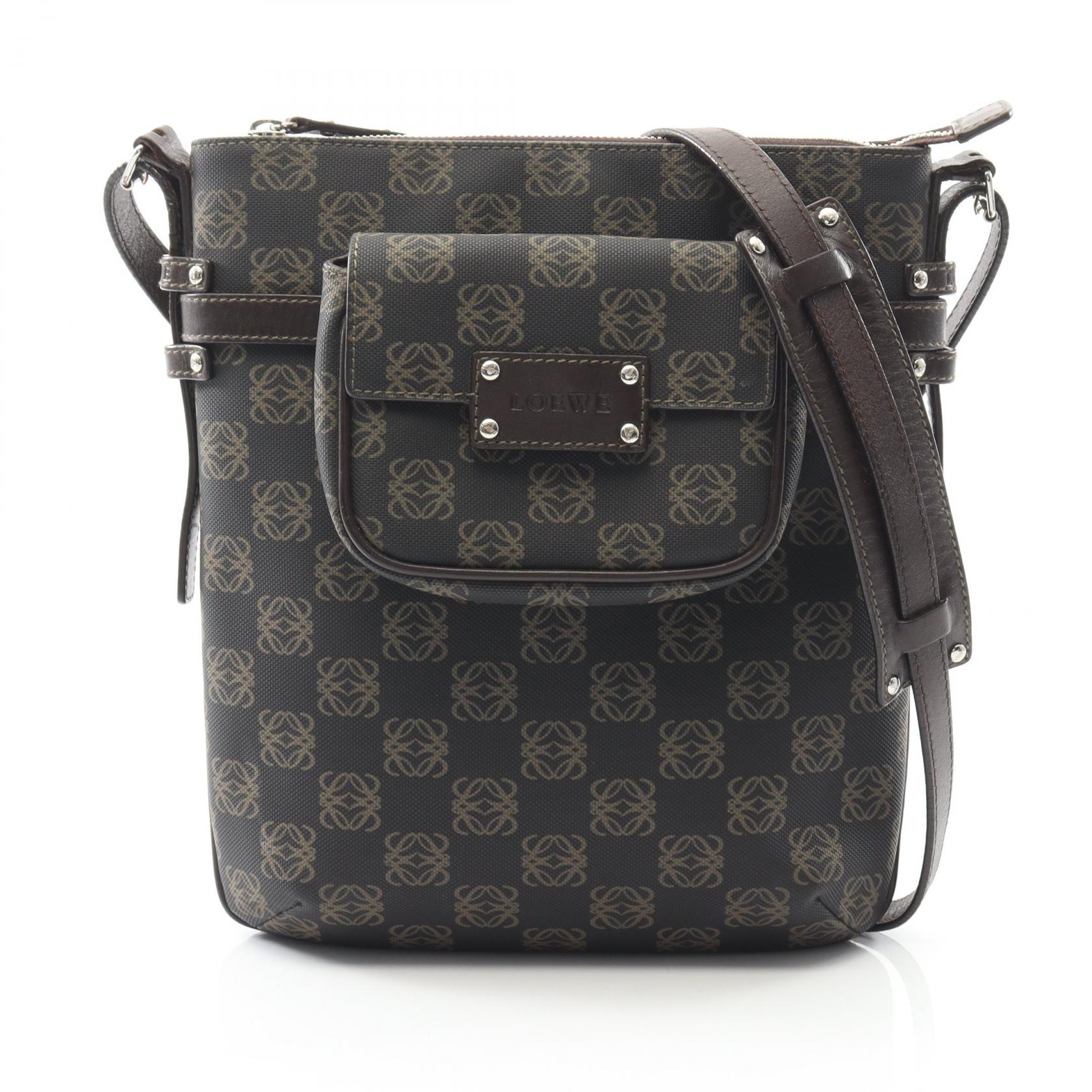 ≪15%OFFクーポン 7/19 20時~7/26 9:59≫ロエベ LOEWE アナグラム ショルダーバッグ バッグ PVCコーティングキャンバス レザー レディース ブラック系 / ブラウン系 【中古】|Mike Museum