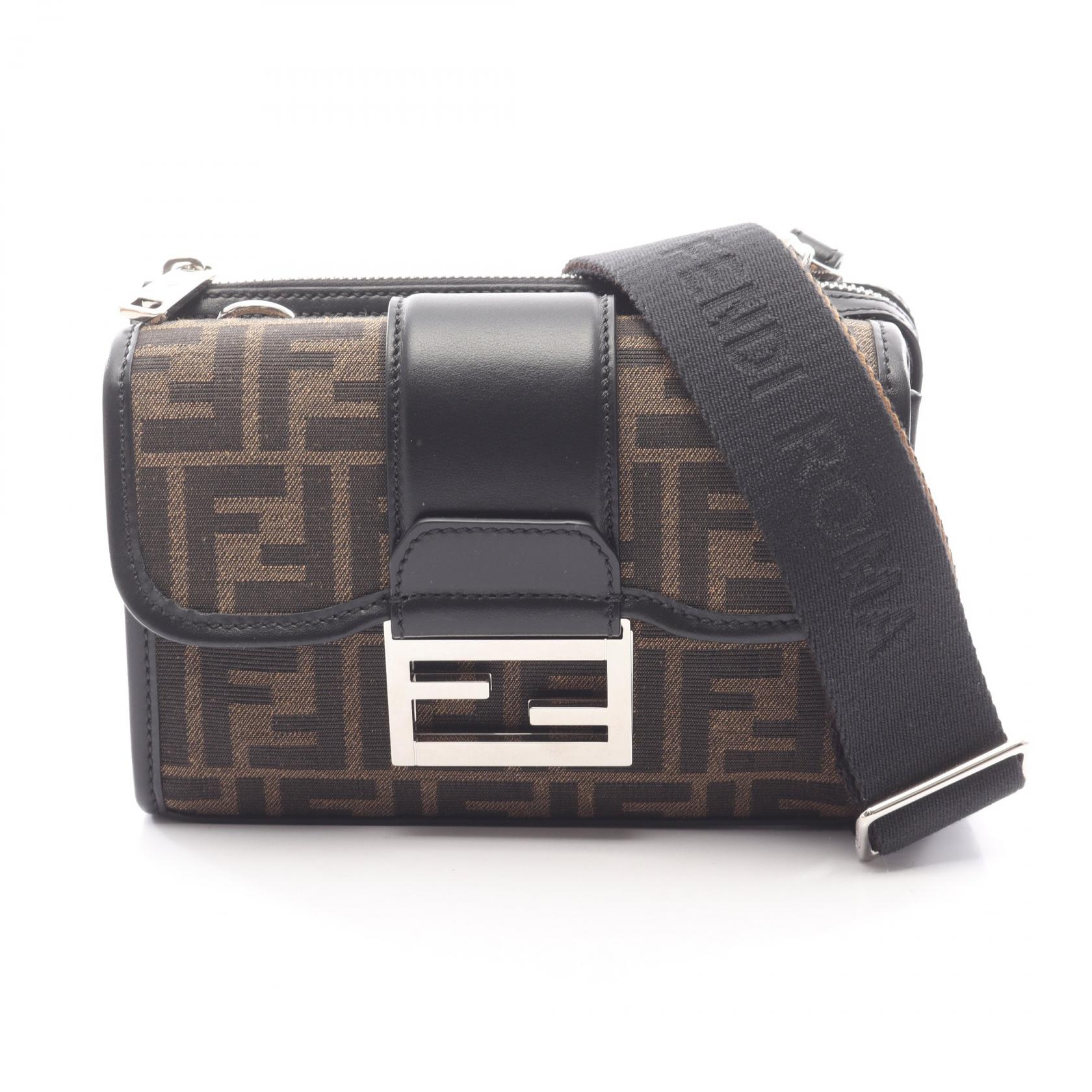 【15%OFFクーポン対象】フェンディ FENDI ダブルバゲット ショルダーバッグ バッグ キャンバス レザー メンズ ブラウン系 / ブラック系 7VA649ALWKF0L3T 【新品】