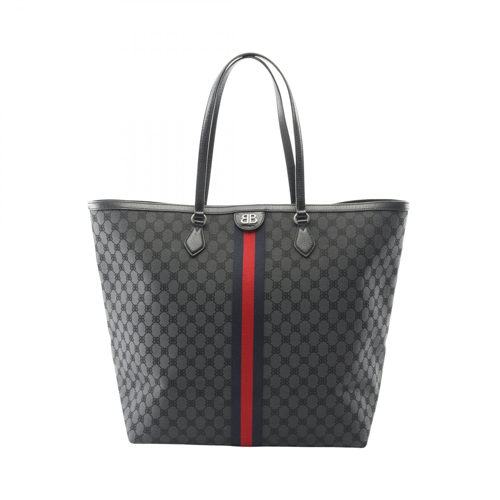 【15%OFFクーポン対象】バレンシアガ BALENCIAGA × GUCCI ザ ハッカープロジェクト ラージ トートバッグ バッグ キャンバス レザー メンズ ブラック系 / マルチカラー 680127 【中古】 105,000円