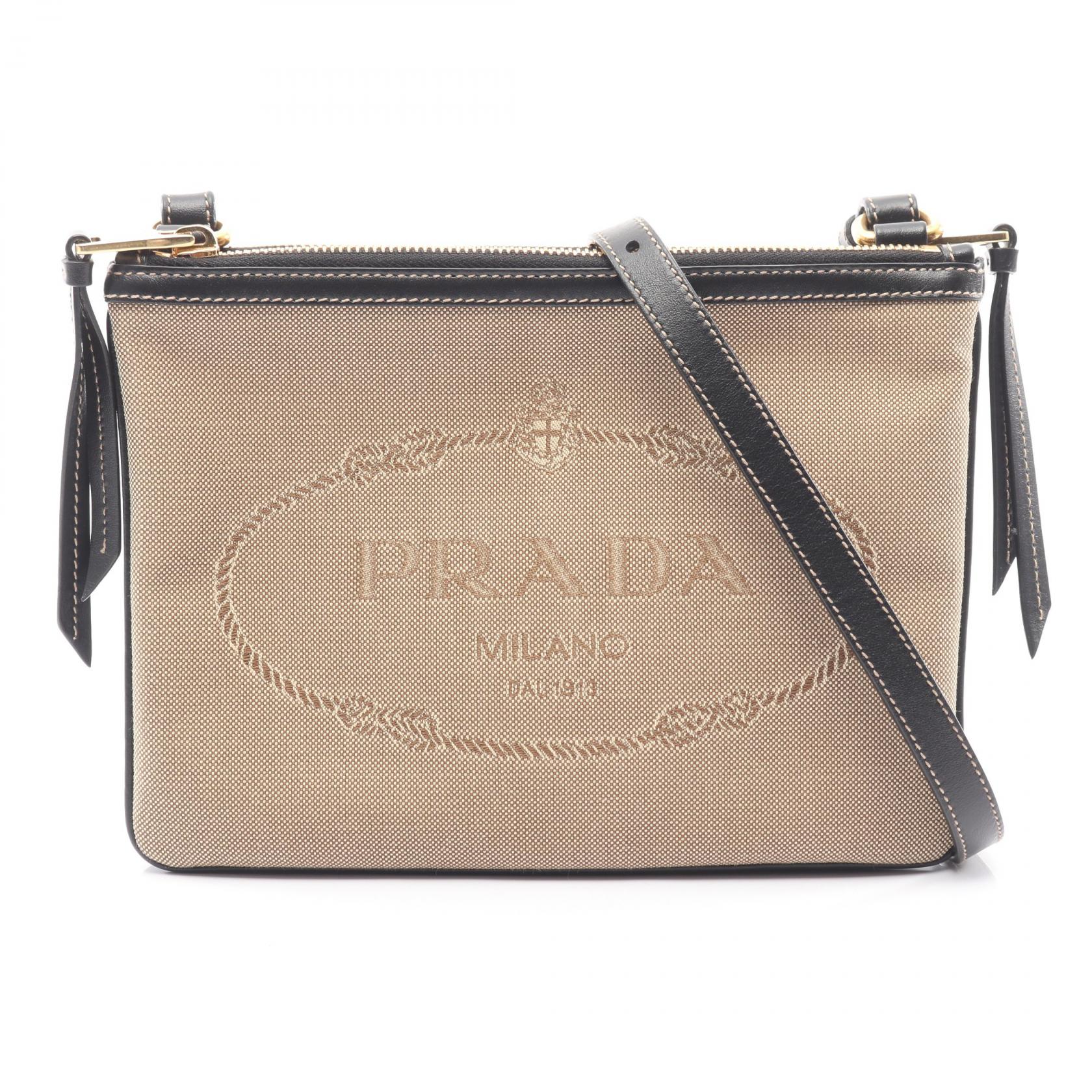【15%OFFクーポン対象】プラダ PRADA LOGO JACQUARD ショルダーバッグ バッグ キャンバス レザー レディース ベージュ系 / ブラック系 【中古】