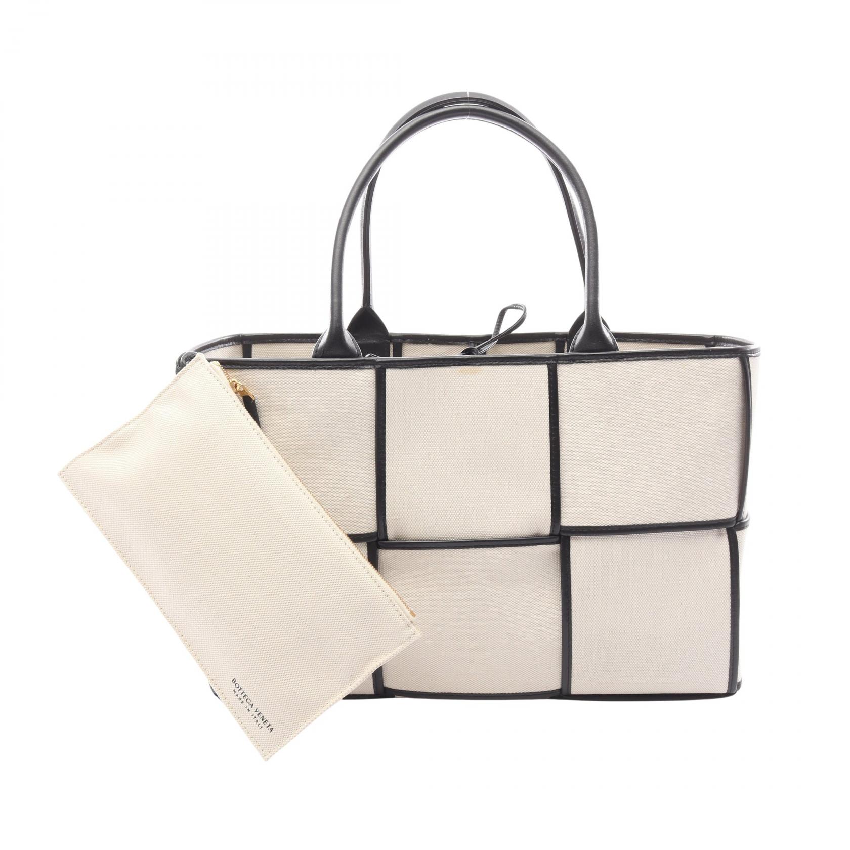 【SALE／2万円OFFクーポン】ボッテガヴェネタ BOTTEGA VENETA アルコ マキシイントレチャート トートバッグ バッグ キャンバス レザー レディース ホワイト系 / ブラック系 【中古】