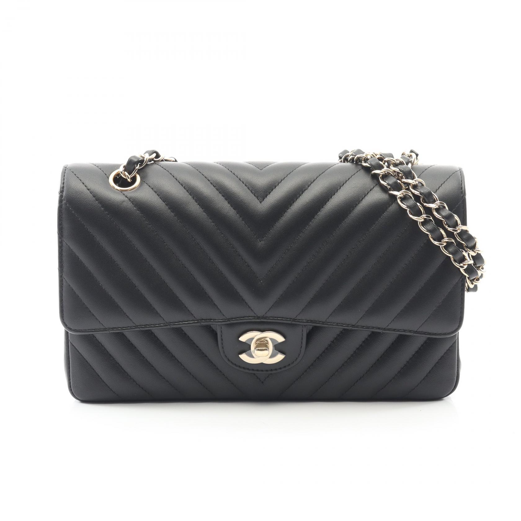 【15%OFFクーポン対象】シャネル CHANEL シェブロン Vステッチ Wフラップ ショルダーバッグ バッグ ラムスキン（羊革） レディース ブラック系 A01166 【中古】