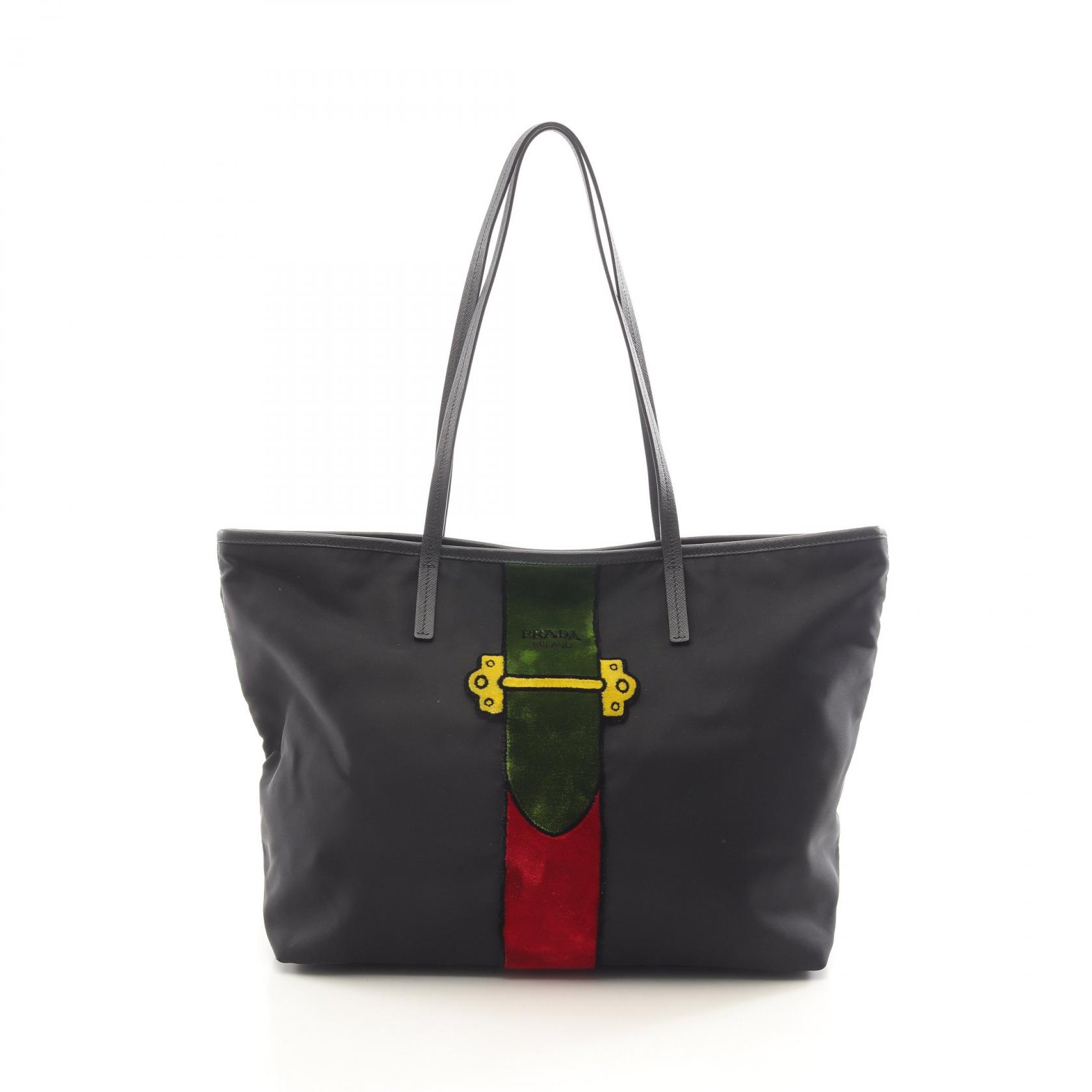 【ポイント5倍／～4/10(金)23:59】プラダ PRADA カイエトロンプルイユ トートバッグ バッグ ナイロン サフィアーノレザー レディース ブラック系 / マルチカラー 【中古】