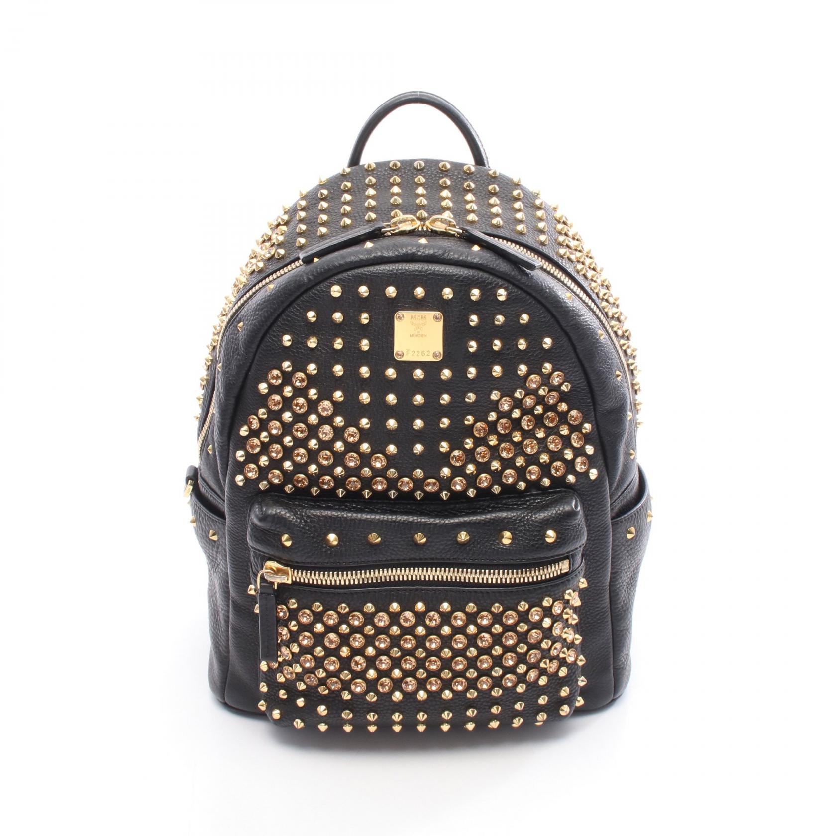 【15%OFFクーポン対象】エム・シー・エム MCM ヴィセトス スタッズ ビジュー リュックサック バックパック バッグ PVCコーティングキャンバス レザー レディース ブラック系 MMK5SVE73BK001 【中古】