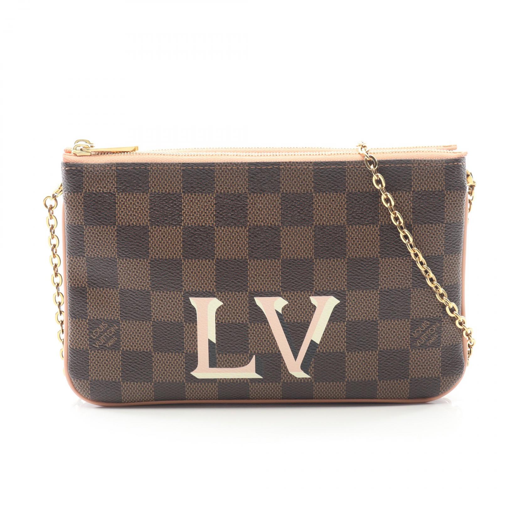 【15%OFFクーポン対象】ルイ・ヴィトン LOUIS VUITTON ポシェット ドゥーブル ジップ ショルダーバッグ バッグ PVCコーティングキャンバス レザー ダミエ レディース ブラウン系 / ピンク系 N60254 【中古】