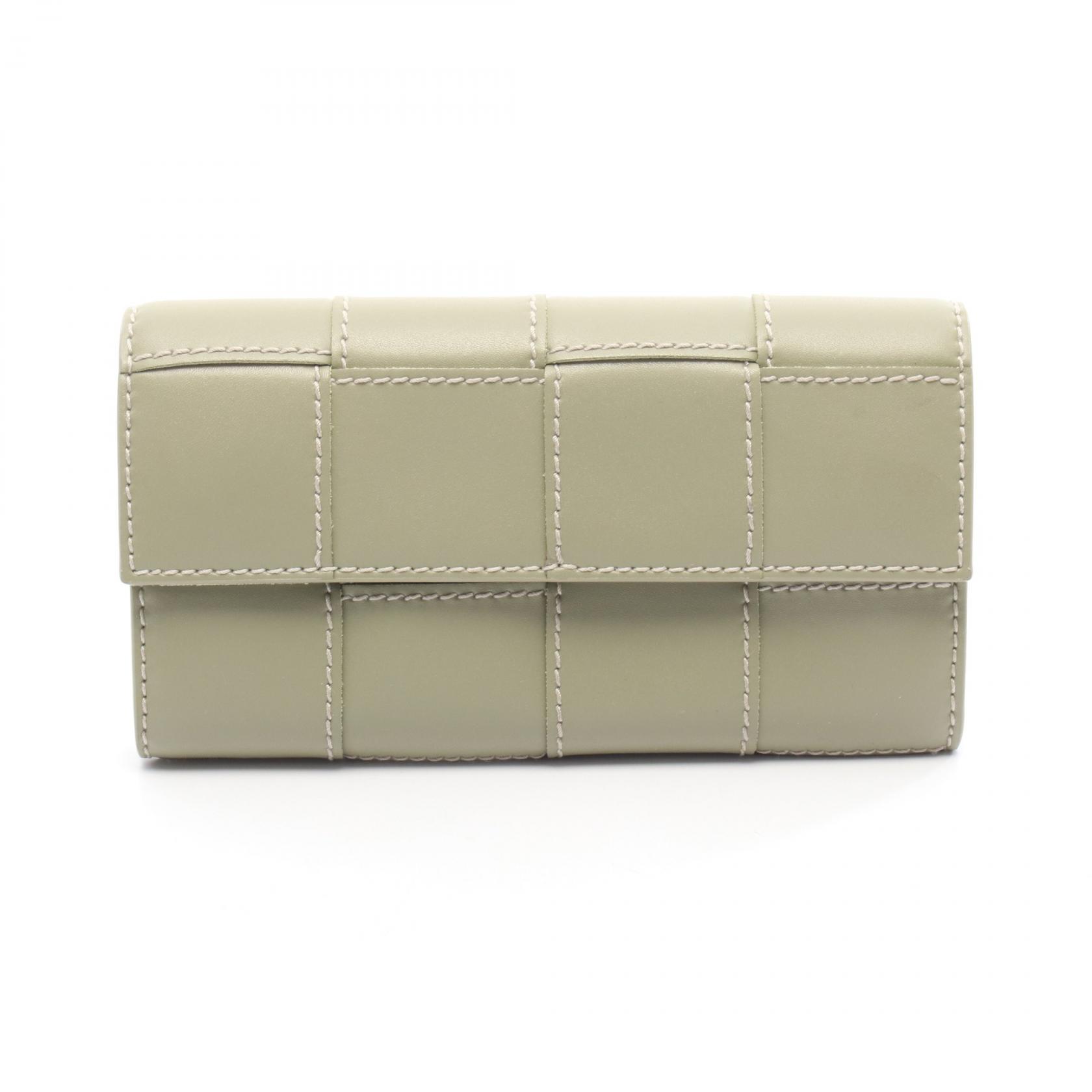 《全品5%クーポン×P5倍》ボッテガヴェネタ BOTTEGA VENETA ステッチカセット イントレチャート 二つ折り長財布 財布 レザー レディース グリーン系 【中古】