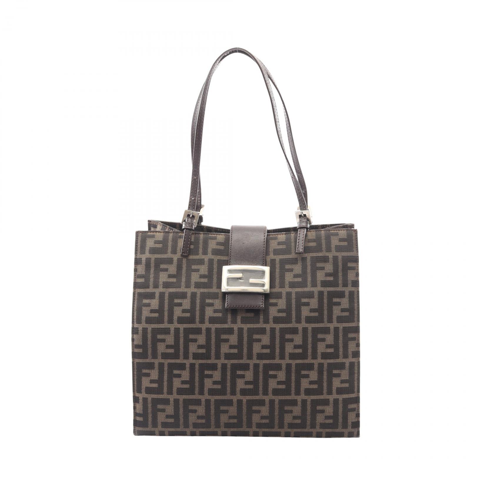 【ポイント5倍／～4/10(金)23:59】フェンディ FENDI ズッカ トートバッグ バッグ キャンバス レザー レディース ブラウン系 【中古】