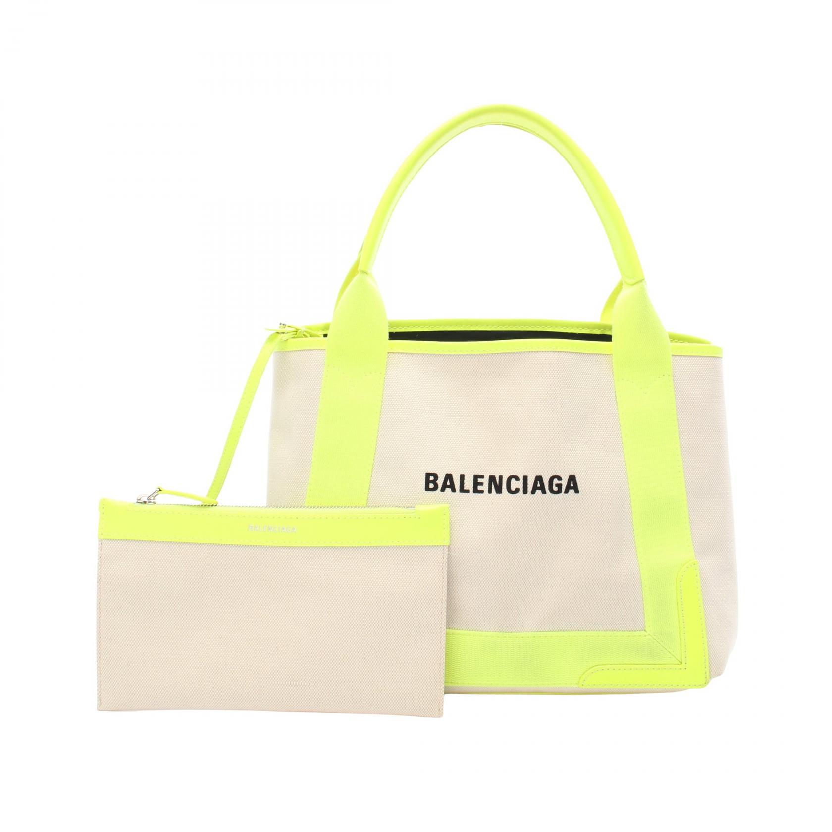 【SALE／5千円OFFクーポン】バレンシアガ BALENCIAGA NAVY CABAS S ネイビーカバ トートバッグ バッグ キャンバス レザー レディース アイボリー系 / イエロー系 339933 【中古】
